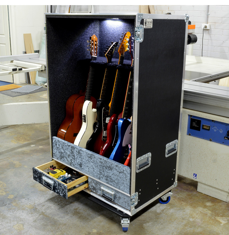 Custom built guitar vault with drawers and lights by Caseman